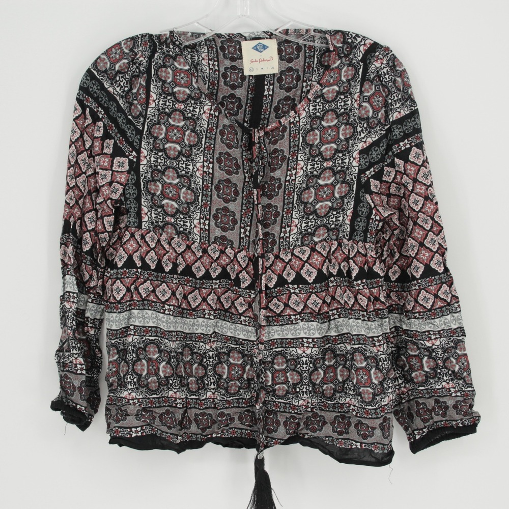 Wild Blue Women's Black Boho Medallion Print Peasant Blouse Size XS